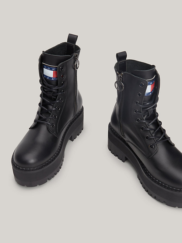 black leather lace-up cleat ankle boots for women tommy jeans