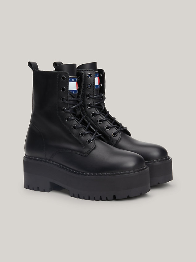 black leather lace-up cleat ankle boots for women tommy jeans