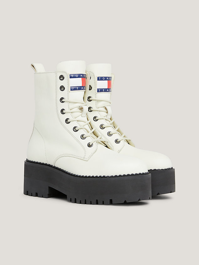 white leather lace-up cleat ankle boots for women tommy jeans