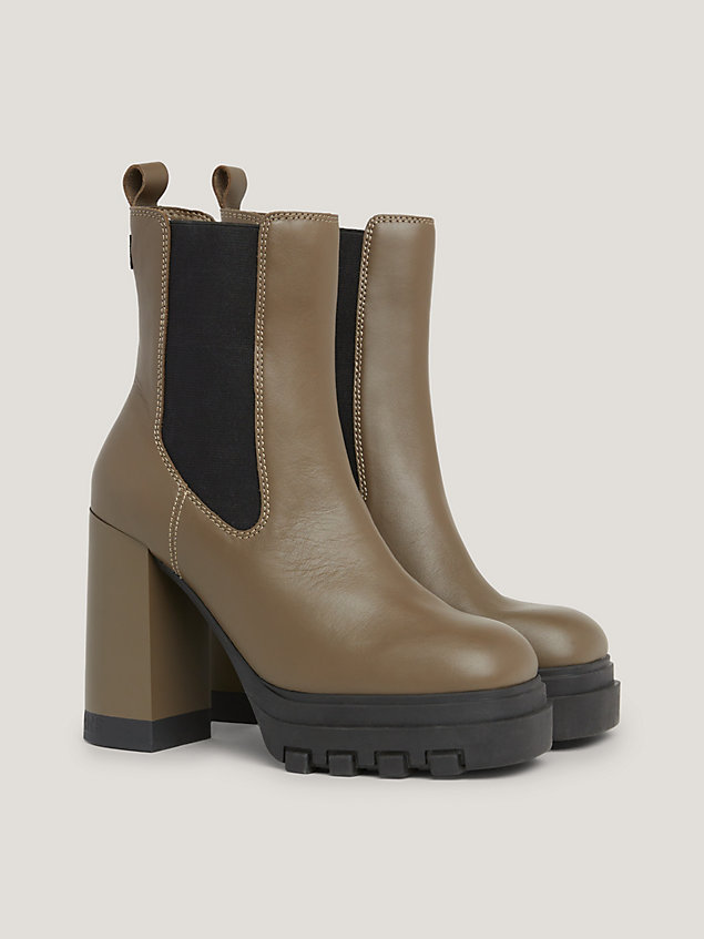 brown block heel leather chelsea boots for women tommy jeans