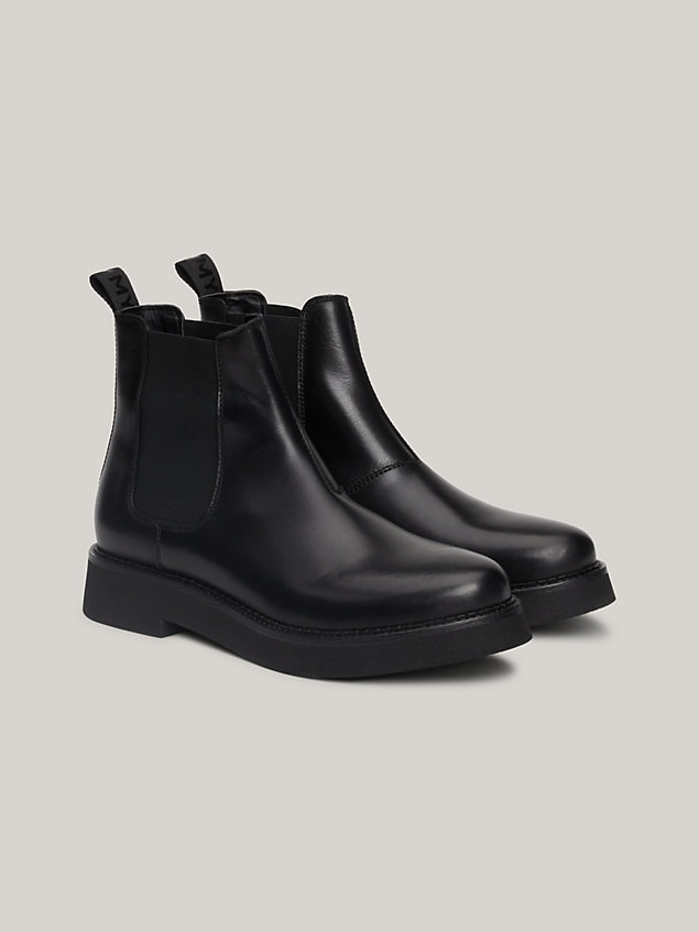 black repeat logo tape leather chelsea boots for women tommy jeans