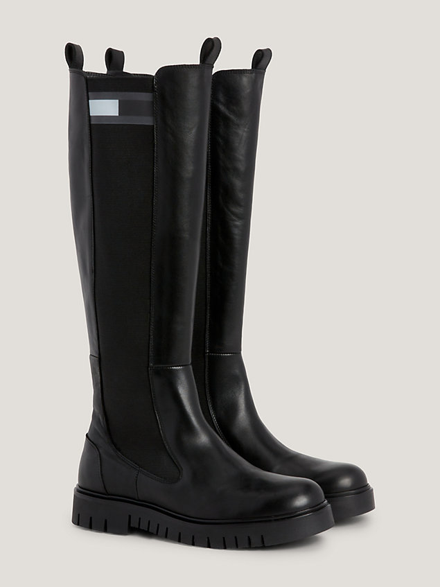 black tape detail leather knee-high boots for women tommy jeans