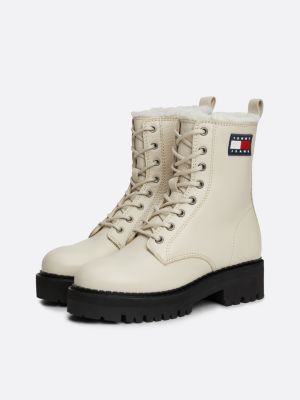 white leather warm lined cleat mid boots for women tommy jeans