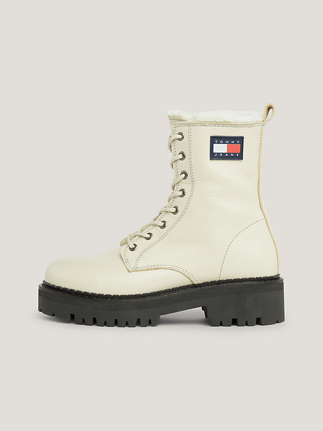 beige urban warm lined leather lace-up boots for women tommy jeans