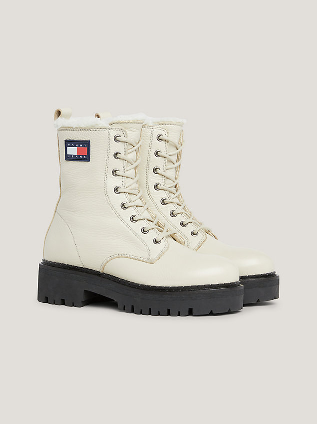 beige urban warm lined leather lace-up boots for women tommy jeans