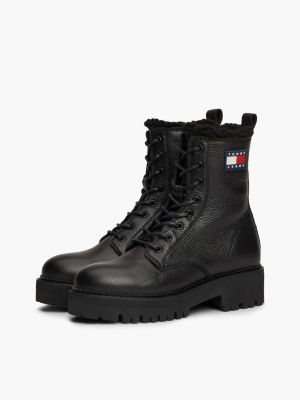 black leather warm lined cleat mid boots for women tommy jeans