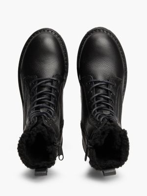 black leather warm lined cleat mid boots for women tommy jeans