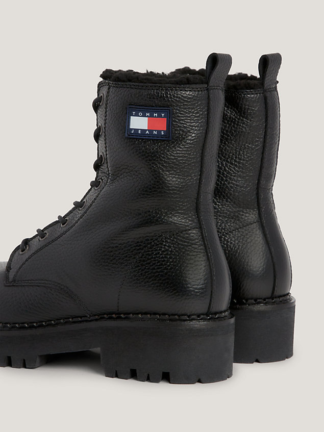 black urban warm lined leather lace-up boots for women tommy jeans
