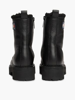 zwart leren halfhoge gevoerde boot met profielzool voor dames - tommy jeans