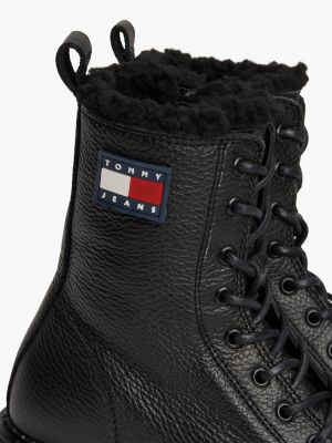 zwart leren halfhoge gevoerde boot met profielzool voor dames - tommy jeans