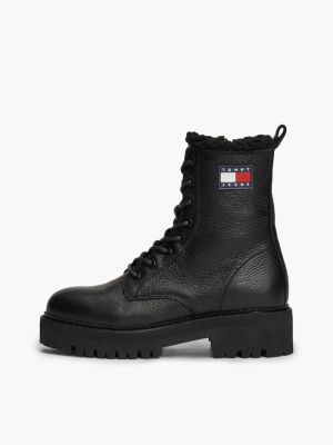 black leather warm lined cleat mid boots for women tommy jeans