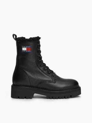 bottes mi-mollet crantées et fourrées en cuir noir pour femmes tommy jeans