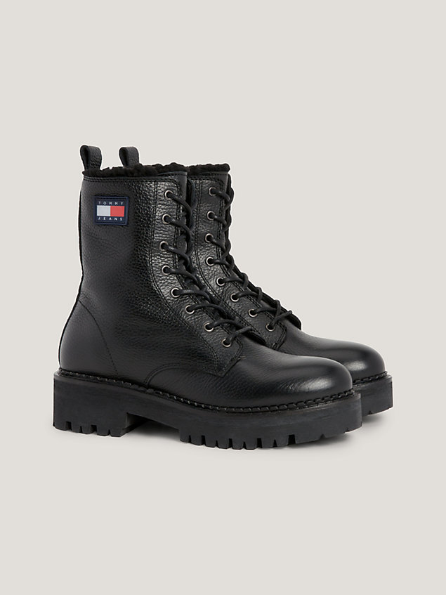 black urban warm lined leather lace-up boots for women tommy jeans