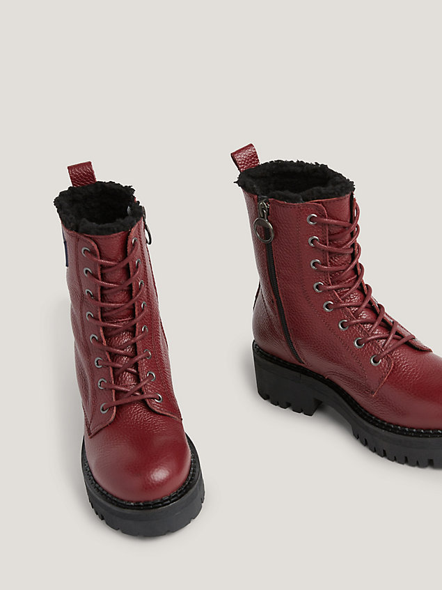 red urban warm lined leather lace-up boots for women tommy jeans