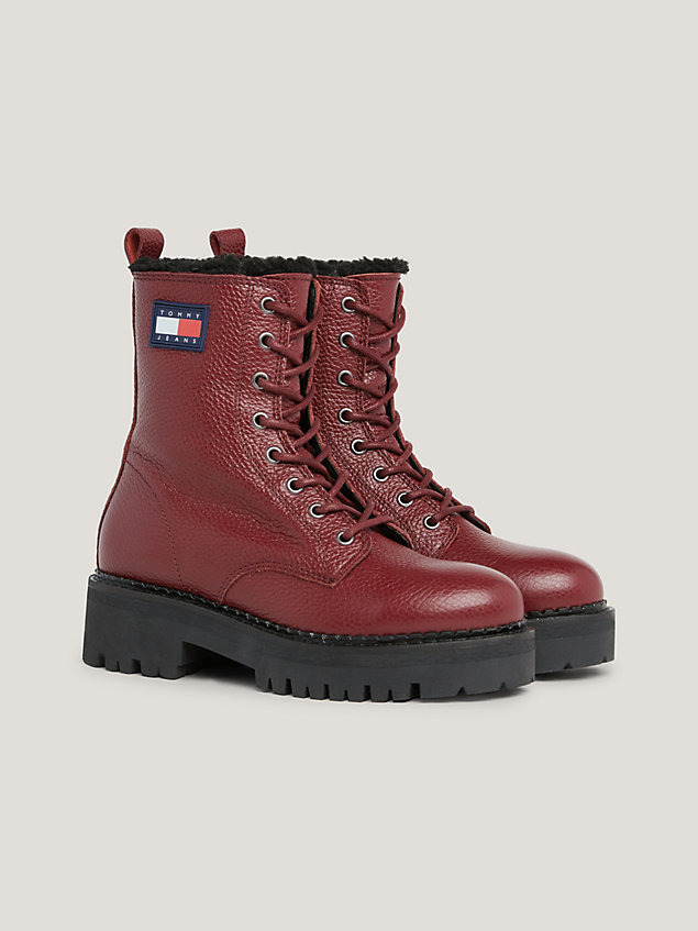 red urban warm lined leather lace-up boots for women tommy jeans