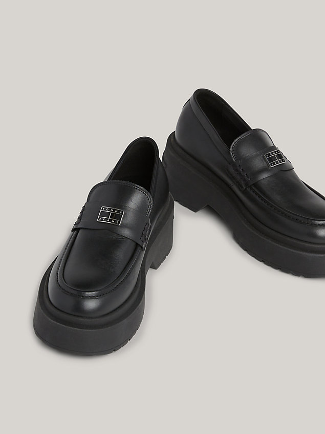 black leather chunky loafers for women tommy jeans