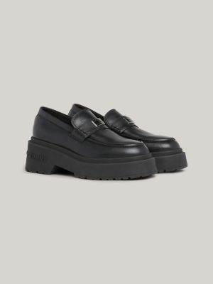 Black leather sale chunky loafers womens