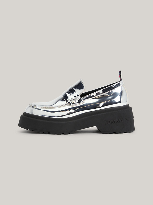grey chunky metallic loafers for women tommy jeans