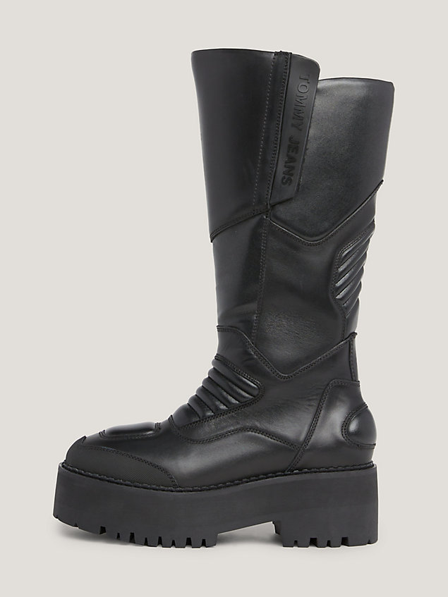black long leather biker boots for women tommy jeans