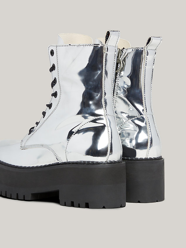 grey repeat logo tape metallic flatform boots for women tommy jeans
