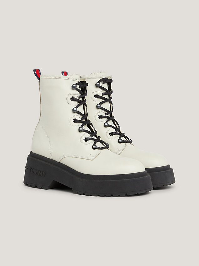 beige chunky leather lace-up boots for women tommy jeans
