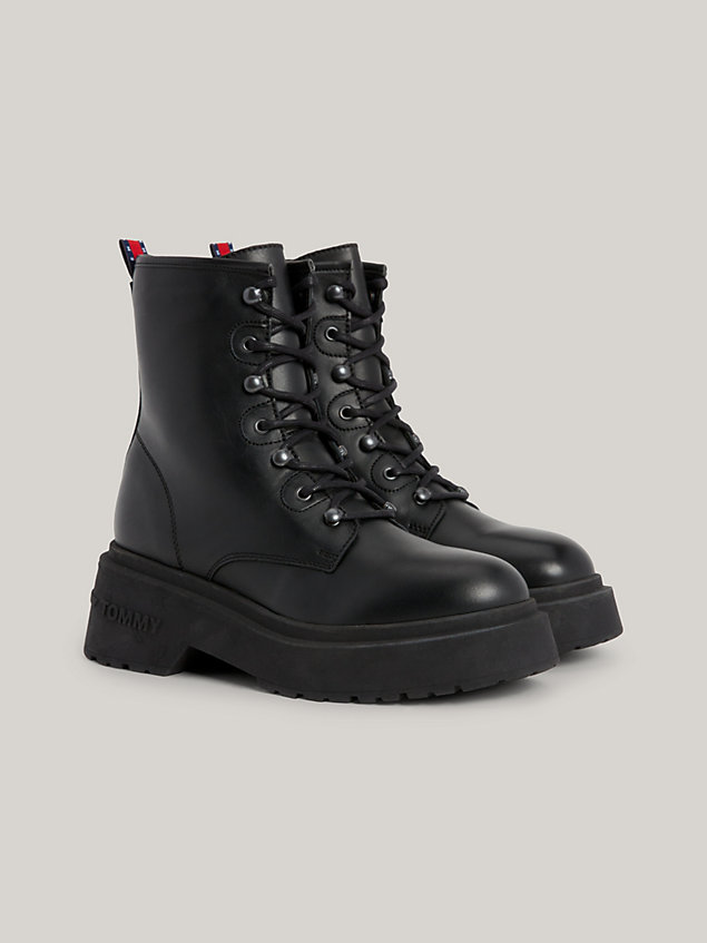 black chunky leather lace-up boots for women tommy jeans