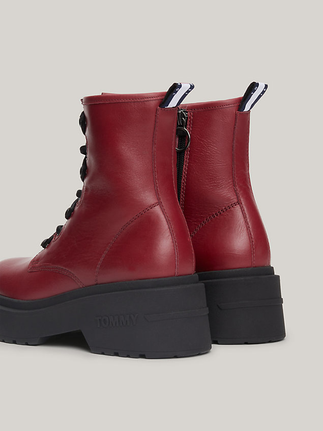 red chunky leather lace-up boots for women tommy jeans