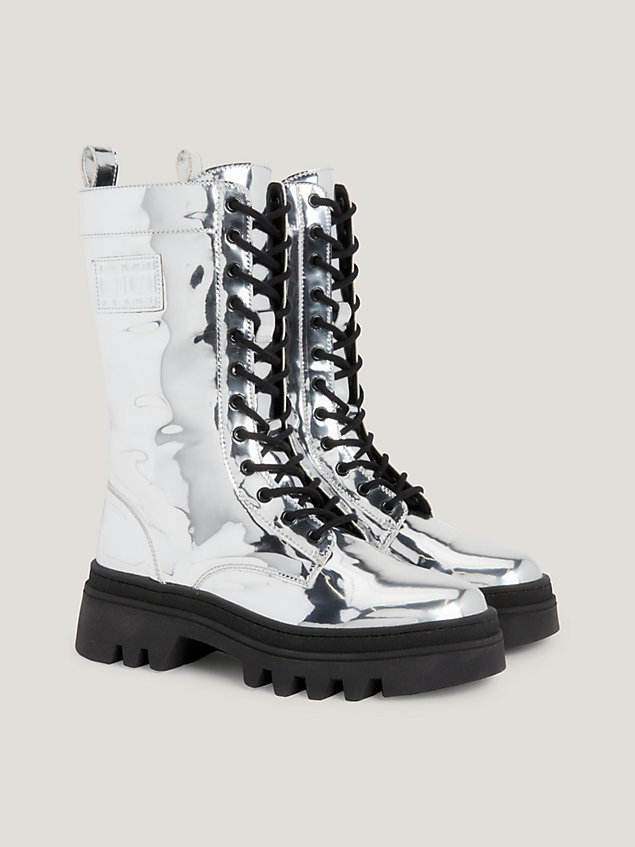 grey metallic cleat lace-up boots for women tommy jeans
