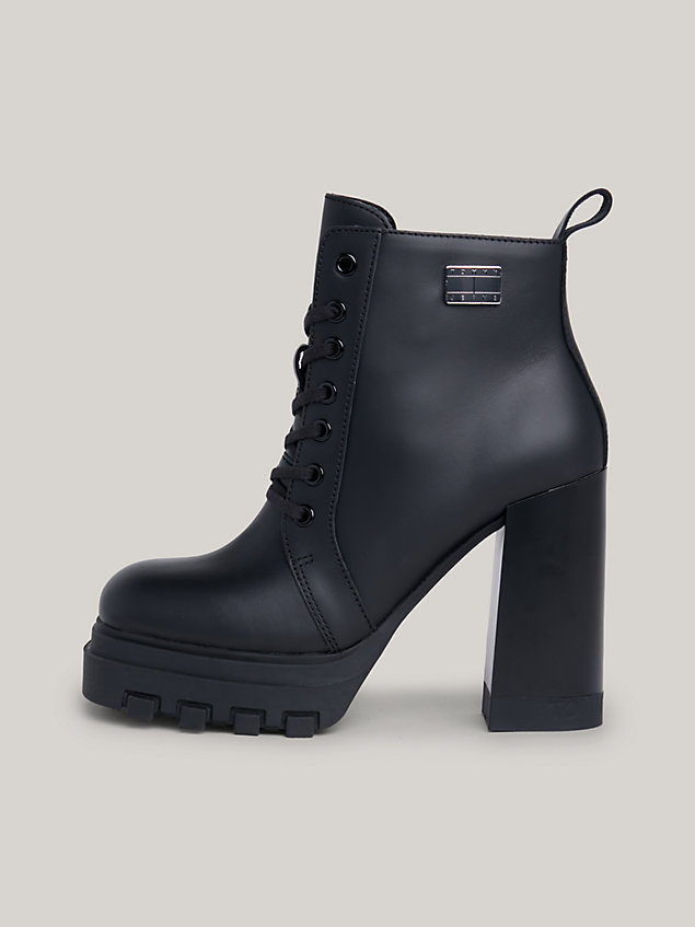 black high heel leather lace-up boots for women tommy jeans
