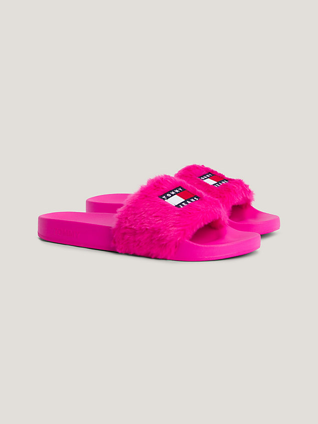 pink faux fur pool slides for women tommy jeans