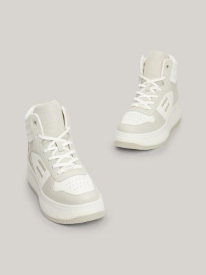 Retro Leather High-Top Flatform Basketball Trainers | Beige 