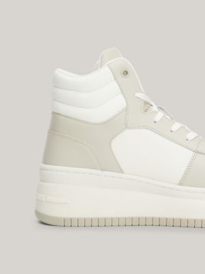 Retro Leather High-Top Flatform Basketball Trainers | Beige 