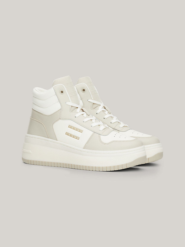 beige retro leather high-top flatform basketball trainers for women tommy jeans