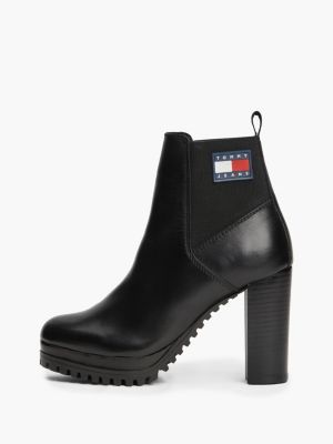 black leather cleat high heel ankle boots for women tommy jeans