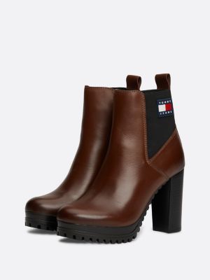 brown leather cleat high heel ankle boots for women tommy jeans