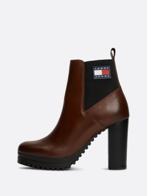 brown leather cleat high heel ankle boots for women tommy jeans