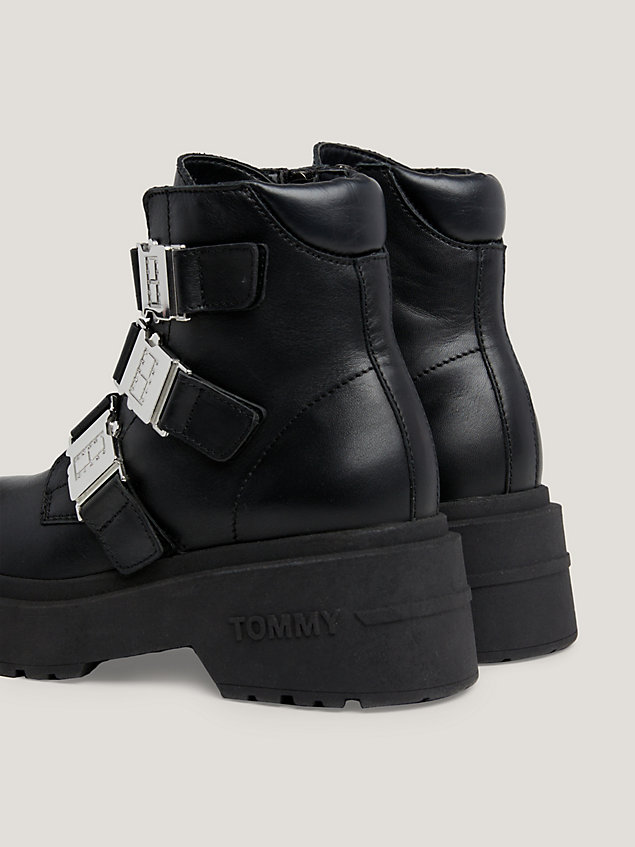 black chunky buckle leather boots for women tommy jeans