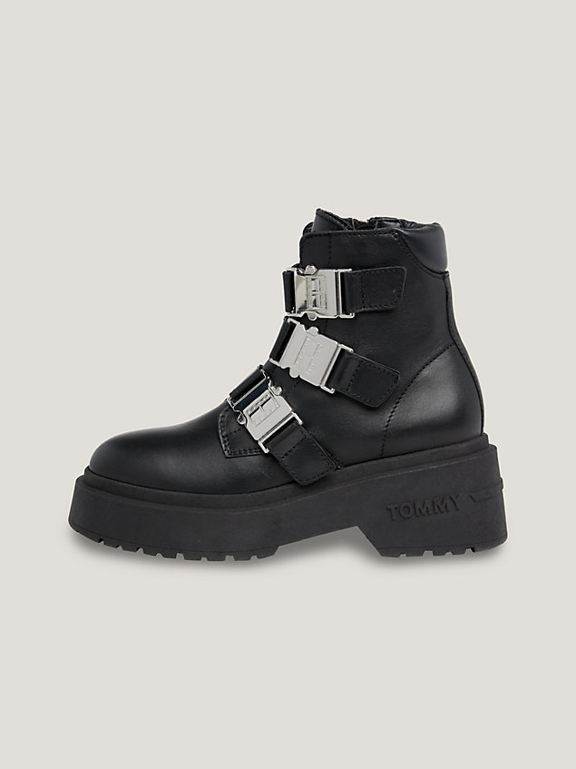 black chunky buckle leather boots for women tommy jeans