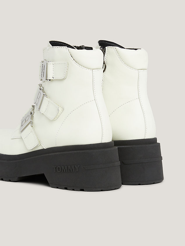 white chunky buckle leather boots for women tommy jeans