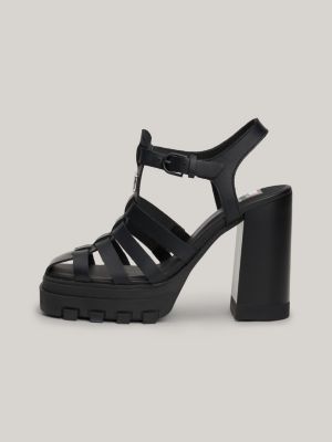 black leather block heel fisherman sandals for women tommy jeans