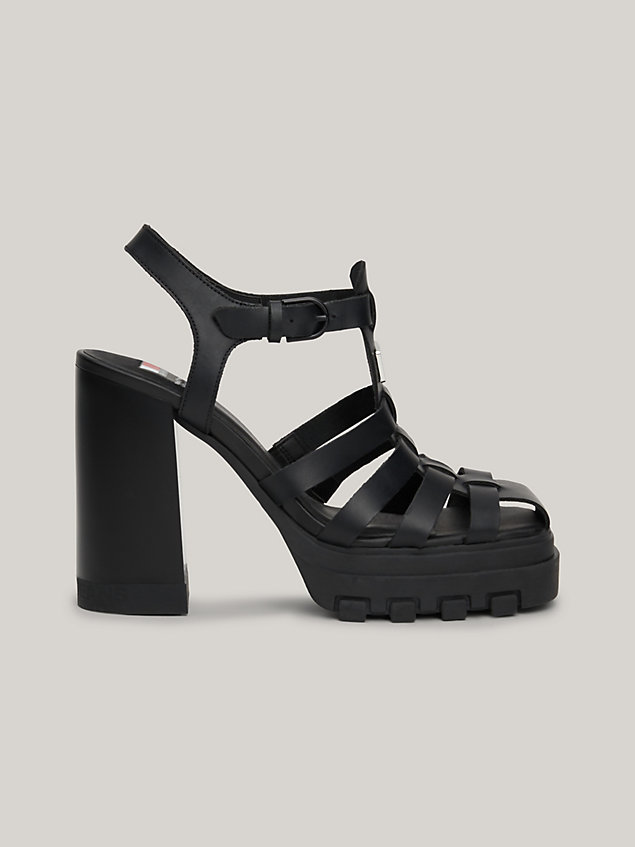 black leather block heel fisherman sandals for women tommy jeans