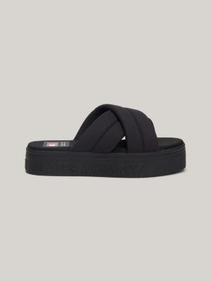 Embossed Logo Flatform Sandals, Black