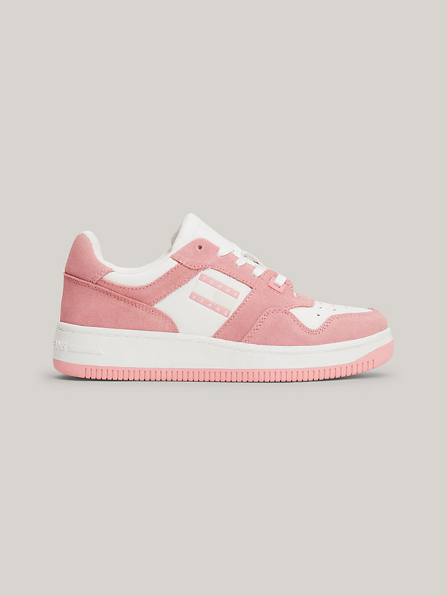 pink retro contrast panel suede basketball trainers for women tommy jeans