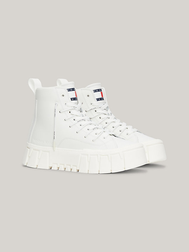 white leather cleat mid-top platform trainers for women tommy jeans