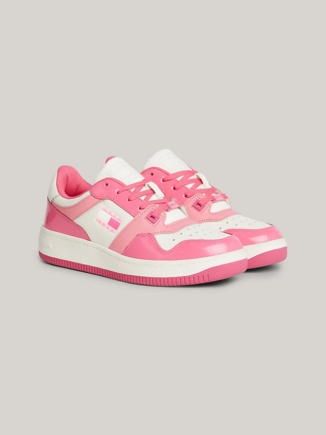 pink retro patent leather fine cleat basketball trainers for women tommy jeans