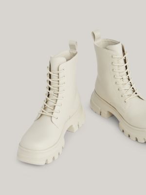 Chunky Cleat Leather Mid Boots, Beige