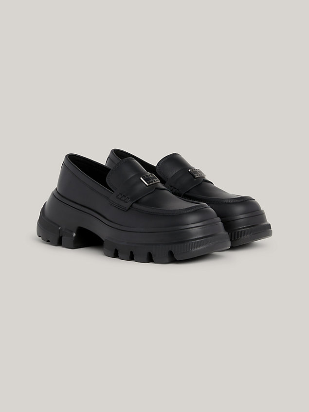 black leather chunky cleat sole loafers for women tommy jeans