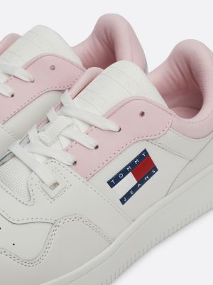 pink retro leather basketball trainers for women tommy jeans