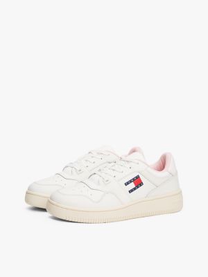 pink retro leather basketball trainers for women tommy jeans