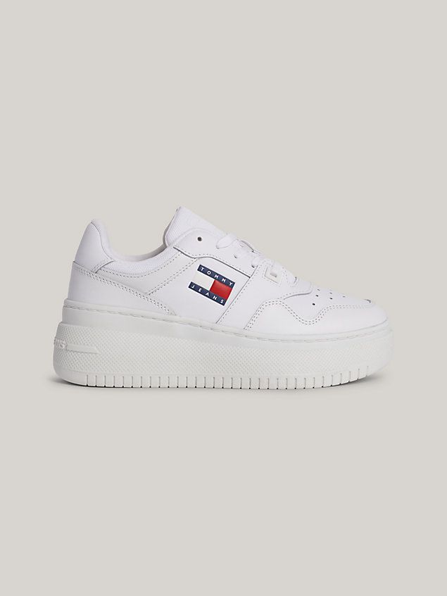 white essential retro fine-cleat leather flatform trainers for women tommy jeans